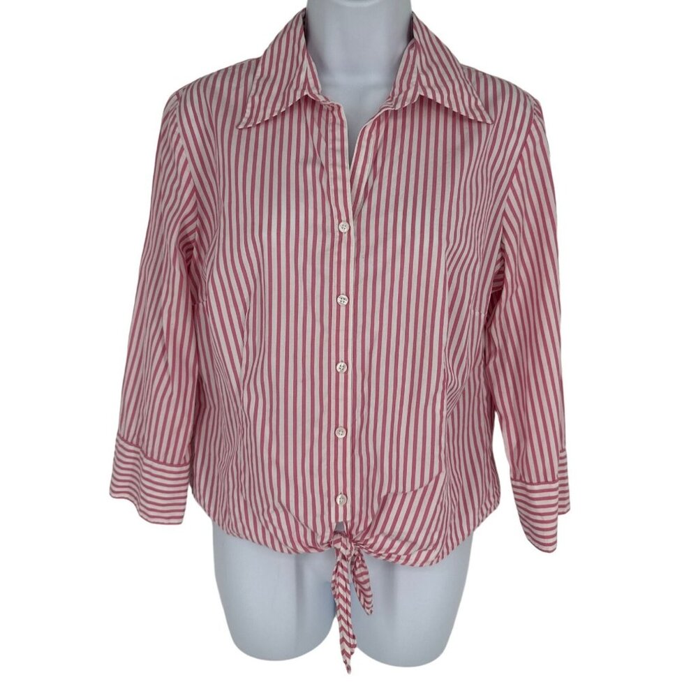 Ann Taylor Loft Pink Striped Tie Front Button Up Cropped Shirt Women's Size 10
